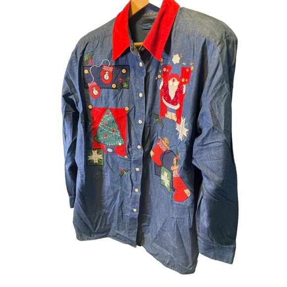 Karen Scott Blue Denim Holiday Embroidered Collared Long Sleeve Button Up Shirt - Picture 3 of 8